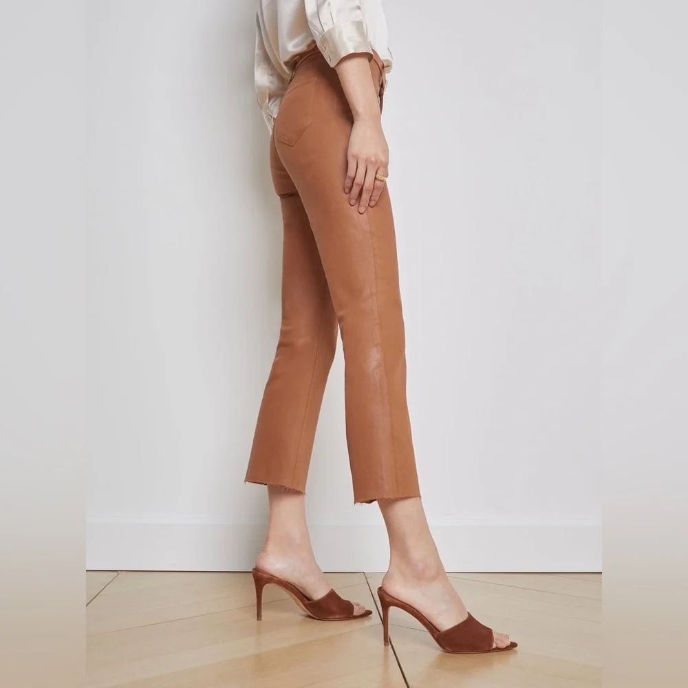 L’AGENCE Jeans Kendra Coated Cropped Flare Java Tan Denim Women Size 25 NWOT NEW - Picture 3 of 12